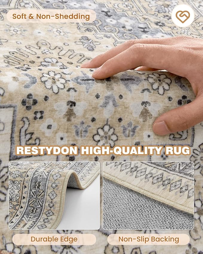3x10 Runner Rug Non Slip Washable for Entryway, Front Porch, Vintage Hallway Runner for Laundry Room, Bedroom, Stain Resistant Thin Indoor Kitchen Mats for Floor(Beige,3'x10')