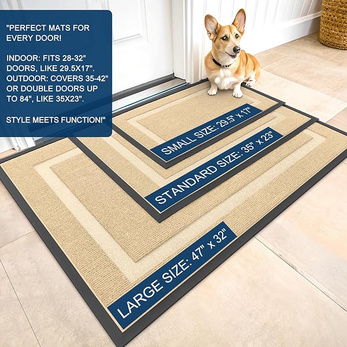 OLANLY Front Door Mat Indoor Outdoor Entrance, Waterproof All-Season, All-Weather Doormat, Sturdy Natural Rubber, Fade Resistant, Low Profile, Easy Clean Patio Porch Entryway Mat, 23.5x15.5, Beige