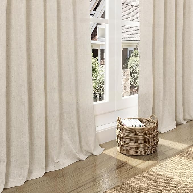 Birch Beige Linen 144 Inch Curtains for Living Room Light Filtering Semi Sheer Curtain Back Tab Modern Farmhouse Decor Elegant Coastal Drapes Floor to Ceiling High Window for Bedroom 52x144, 2 Panels