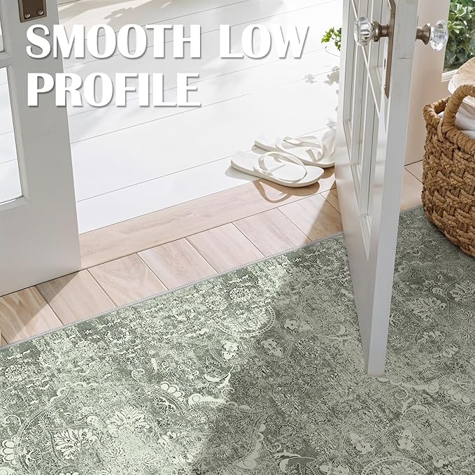 2'6"x12' Washable Hallway Runner Rug - Non Slip Kitchen Runner Rugs with Rubber Backing Vintage Low-Pile Carpet Runners for Entryway Dining Room Laundry Room Home Decor (Muted Sage Green)