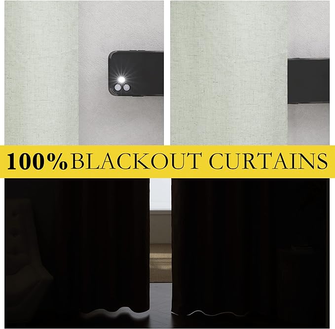 NICETOWN Sage Green Linen 100% Blackout Curtains 120 inches Length with Thermal Insulated Liners, 2 Panels, 52 inches W, Farmhouse Style Extra Long Window Draperies for Patio Sliding Glass Door