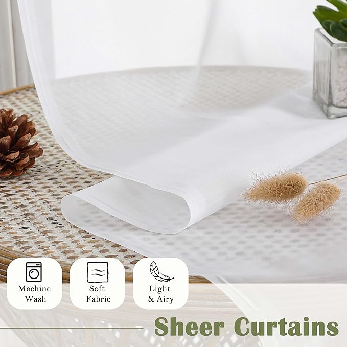 Lecloud White Sheer Curtains 90 Inches Long 2 Panels, Light Filtering Airy Voile Curtain Drapes, Extra Wide Elegant Window Treatments for Living Room Bedroom with Dual Rod Pocket, 59" W x 90" L