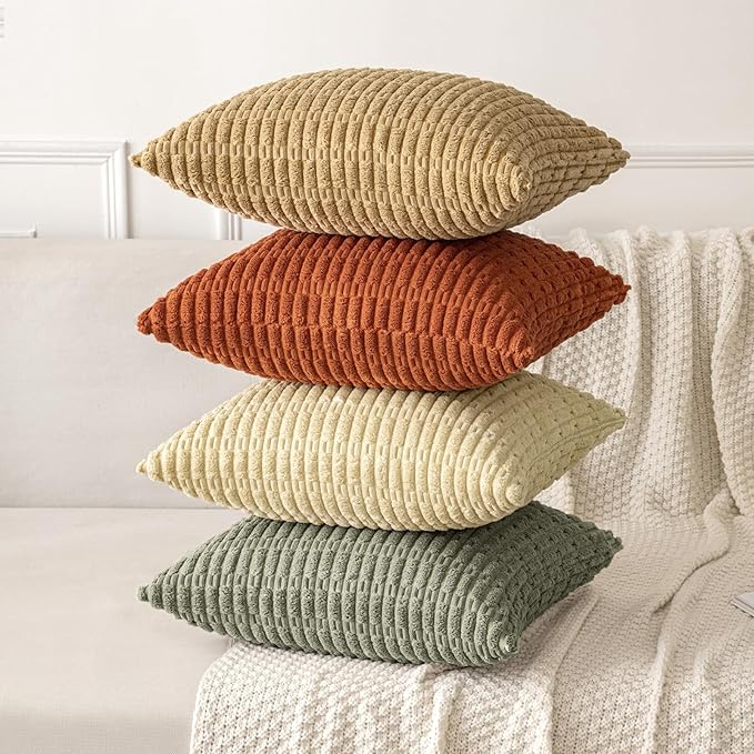 MIULEE Pack of 2 Corduroy Decorative Throw Pillow Covers 18x18 Inch Soft Boho Striped Pillow Covers Modern Farmhouse Home Decor for Summer Sofa Living Room Couch Bed Light Olive Green