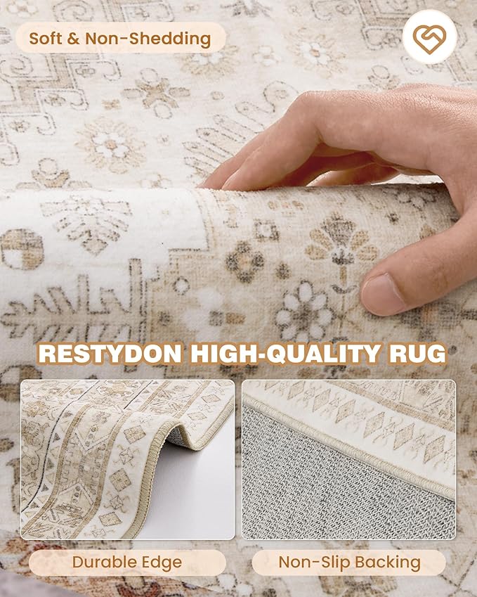 3x5 Washable Area Rug for Entryway, Kitchen Rugs Non Slip for Dining Room, Vintage Floral Soft Living Room Rug, Thin Area Rug Indoor for Bedroom, Kids Room Decor(Cream/Beige,3'x5')