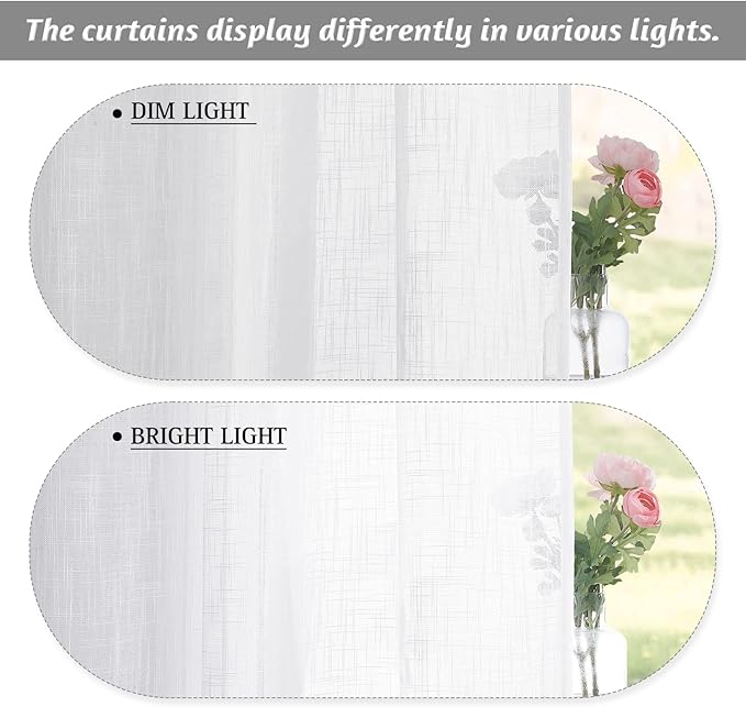 RYB HOME White Kitchen Curtains - Linen Textured Sheer Curtains Light Filtering Privacy Window Drapes Soft Airy Breathable Draperies for Bedroom, RV Camper, Nursery, Cafe, W 52 x L 36 inch, 2 Panels