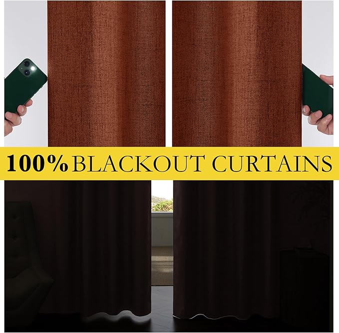 NICETOWN 100% Absolutely Blackout Linen Curtains with Thermal Insulated Liner, 42" Wide, 2 Panels, 72" Long Drapes, Grommet Retro Burnt Orange Linen Curtains Vertical Drapes Privacy for Bedroom
