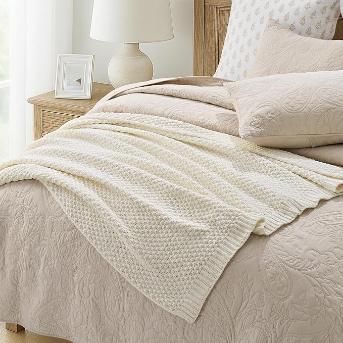 EVERGRACEHOME Chunky Chenille Knit Throw Blanket for Couch, Soft Luxurious Moss Stitch Blankets for Bed, Cozy Decorative Farmhouse Knitted Throws for Sofa, Ivory White, 50" x 60"