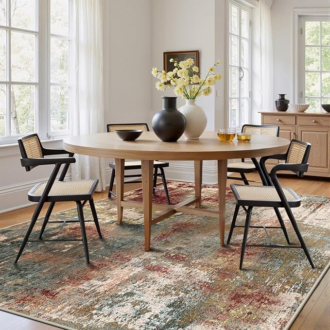 Washable Area Rugs 9'x12' Non-Slip Modern Abstract Soft for Living Room Entryway Bedroom Nursery, Print Pattern, Brown Rust Red Green Blue Multi