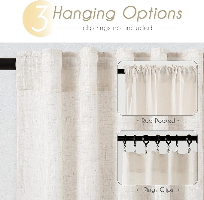 96 inch Long Linen Curtains 2 Panels for Living Room Back Tab Cream Ivory Light Filtering Semi Sheer Curtain 96 inches Long Boho Farmhouse Rustic Linen Drapes Floor to Ceiling Length 8 FT