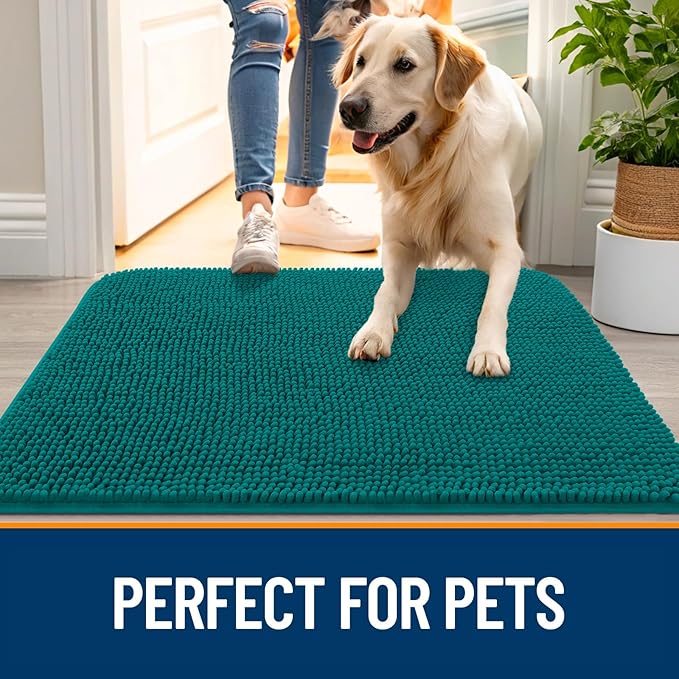 OLANLY Dog Door Mat for Muddy Paws 47x24, Absorbs Moisture and Dirt, Absorbent Non-Slip Washable Doormat, Quick Dry Chenille Mud Mat for Dogs, Entry Indoor Entryway Carpet for Inside Floor, Lake Blue
