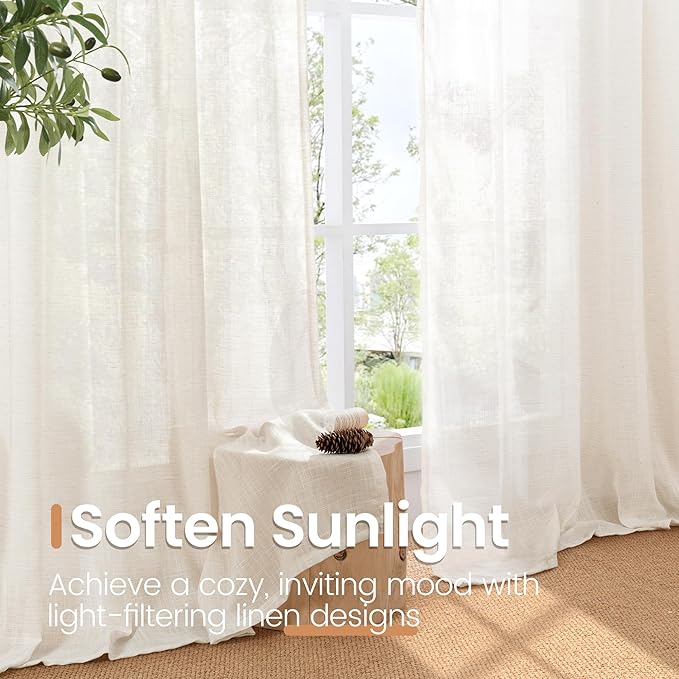 BGment 90 Inches Long Linen Semi Sheer Curtains for Living Room, Light Filtering Window Treatments Drapes with Rod Pocket Lightweight for Farmhouse Bedroom, 2 Panels, 52 Inch Wide Each Panel