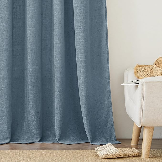 RYB HOME Long Linen Curtains 96 inches Long for Living Room, Light Airy Breathable Window Decor Drapes 2 Panels Set for Laundry Room Home Office, W 52 x L 95 inches, Stone Blue, 2 Panels