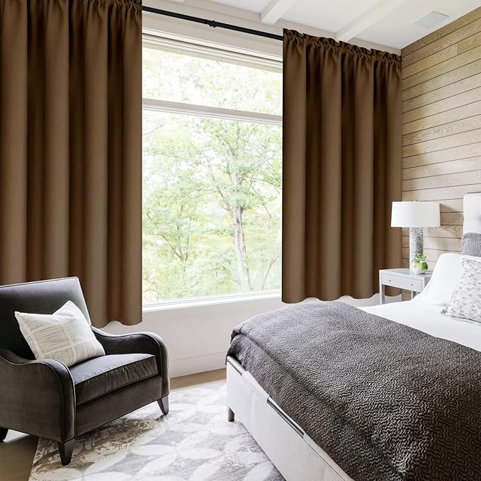 DWCN Blackout Curtains for Bedroom - Thermal Insulated Privacy Energy Saving Rod Pocket Drapes for Living Room, W 38 x L 63 Inch, Brown, Set of 2