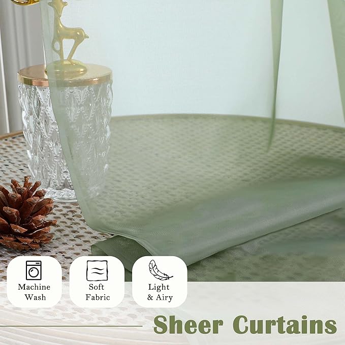 Lecloud Sage Green Sheer Curtains 90 Inches Long 2 Panels, Light Filtering Airy Voile Curtain Drapes, Dual Rod Pocket Extra Wide Elegant Window Treatments for Living Room Bedroom, 59" W x 90" L