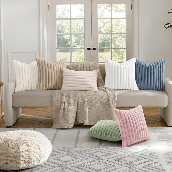 decorUhome Summer Cozy Faux Fur Throw Pillow Covers 20x20 Set of 2 Decorative Soft Plush Striped Modern Farmhouse Boho Couch Pillow Cases with Velvet Back for Sofa Bed Living Room, White