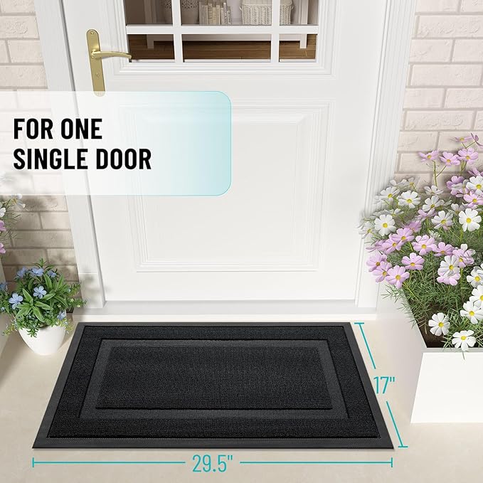OLANLY Front Door Mat Indoor Outdoor Entrance, Waterproof All-Season, All-Weather Doormat, Sturdy Natural Rubber, Fade Resistant, Low Profile, Easy Clean Patio Porch Entryway Mat, 29.5x17, Jet Black