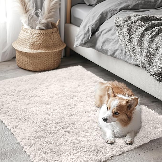 OLANLY 2x3 Machine Washable Small Bedside Rug, Soft Fluffy Shaggy Entryway Throw Rugs for Bedroom, Living Room, Indoor Floor Carpet for Kids Girls and Boys, Nursery Rooms, Home Decor Aesthetic, Ivory