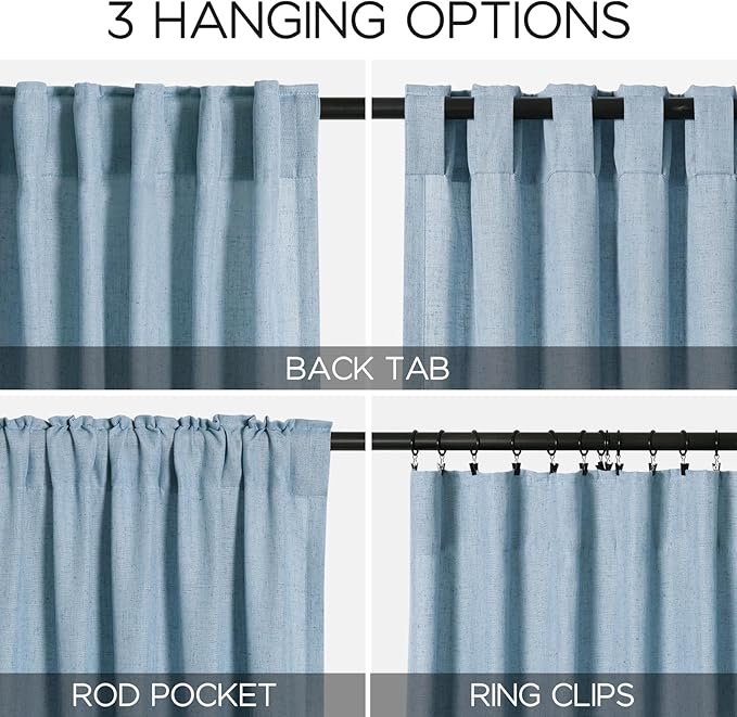 Linen Blue Curtains 108 inch Extra Long for Living Room Back Tab Light Filtering Semi Sheer Drapes Modern Farmhouse Coastal Decor Textured Curtain for Floor to Ceiling High Window 52x108