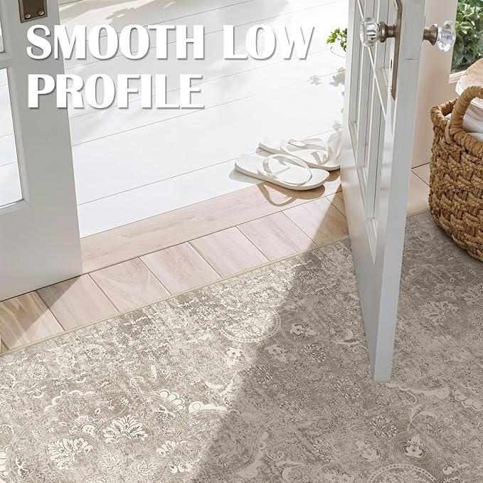 2x5 Washable Hallway Runner Rug - Non Slip Kitchen Runner Rugs with Rubber Backing Vintage Low-Pile Carpet Runners for Entryway Dining Room Laundry Room Home Decor (Beige)