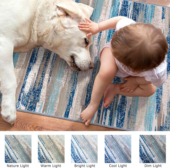 Lansny Modern Abstract Runner Rug 2.6x14, Blue Washable Long Kitchen Runner Non-Slip Soft Hallway Rug Runner Thin Print Faux Wool Carpet for Entryway Bedroom Laundry Room Indoor Home Decor