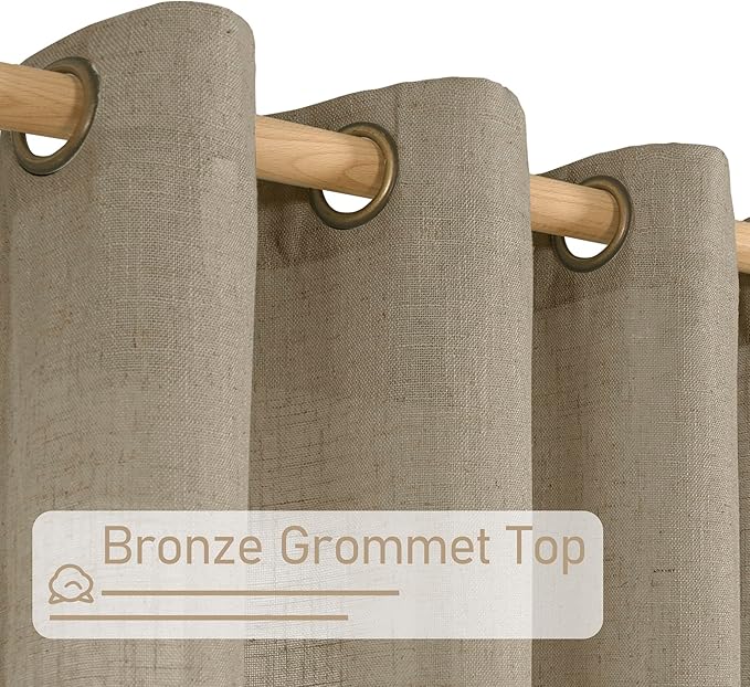 LAMIT Taupe Linen Curtains 90 Inch Length for Living Room, Soft Thick Linen Textured Window Panels Semi Sheer Light Filtering Bronze Grommet Farmhouse Country Decor Drapes, 2 Panels, 52 x 90 Inch