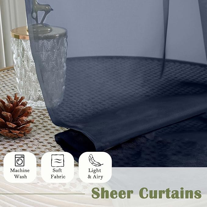 Lecloud Navy Blue Sheer Curtains for Living Room Decor 84 Inches Long 2 Pcs, Light Filtering Airy Voile Bedroom Curtains, Window Treatments Rod Pocket Drapes for Dining Room, Each Panel 59" W x 84" L