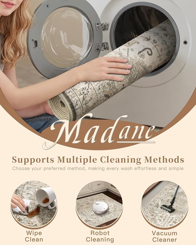 Madane 3x12 Hallway Runner Rug - Non Slip Washable 12ft Runner for Hallways Soft Vintage Kitchen Rugs Low-Pile Carpet Runner for Entryway Bathroom Thin Floor Mat for Bedroom Dining Room, Ivory/Brown