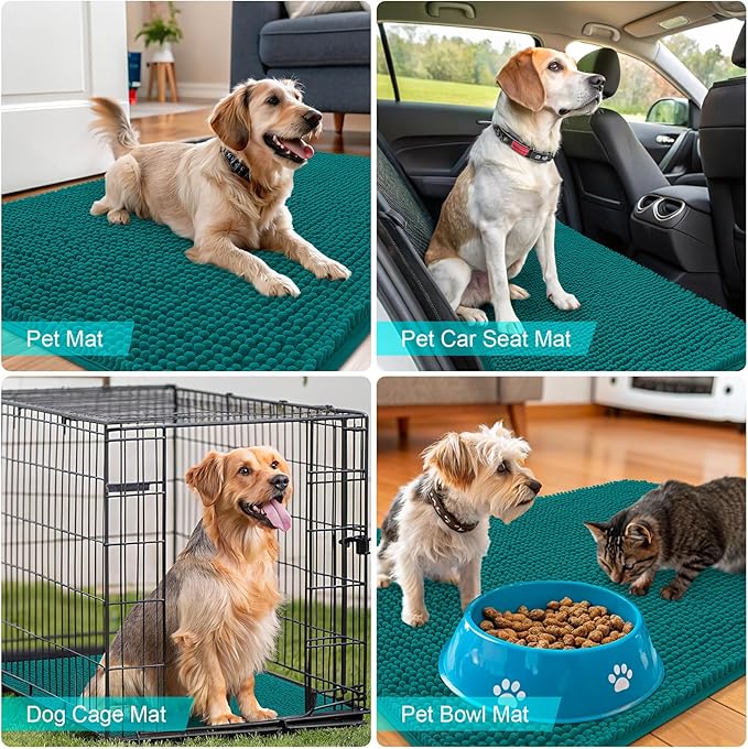 OLANLY Dog Door Mat for Muddy Paws 47x17, Absorbs Moisture and Dirt, Absorbent Non-Slip Washable Doormat, Quick Dry Chenille Mud Mat for Dogs, Entry Indoor Entryway Carpet for Inside Floor, Lake Blue