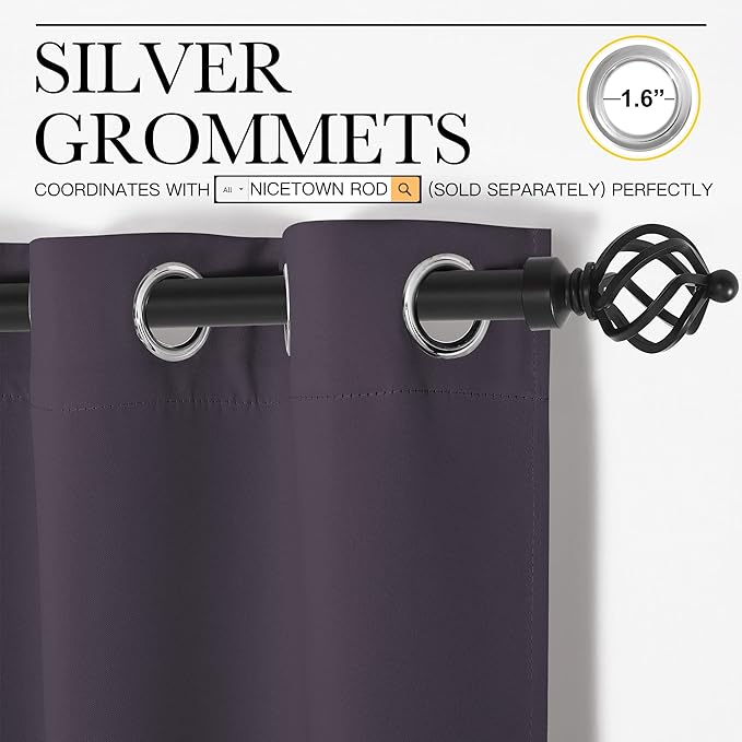 NICETOWN Blackout Window Curtains 60 inch Length 2 Panels, 34 x 60 Inch, Greyish Purple, Grommet Top Room Darkening Thermal Insulated Solid Vertical Drapes for Bedroom/Kid Room