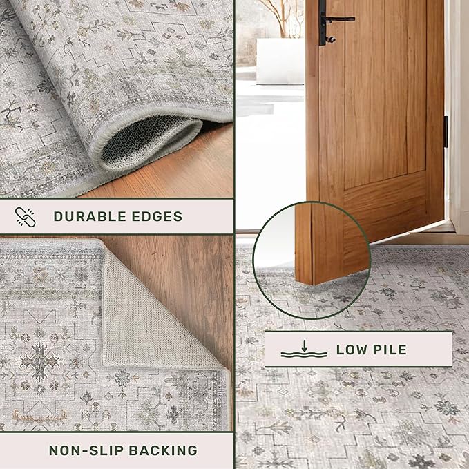 Hazo Haus Boho Light Grey Living Room Rug 8x10 - Modern Vintage Eclectic Floral Pastel Neutral Taupe, Washable Low Pile Non-Slip Extra Large Area Rugs for Dining Under Table Bedroom Lounge