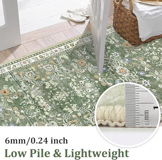 Yamaziot Washable Runner Rug 3x8 – Large Floral Non Slip Boho Hallway Runner Rug with Rubber Backing, Low Pile Faux Wool Distressed Carpet for Kitchen, Laundry, Bedroom, Entrance, Green