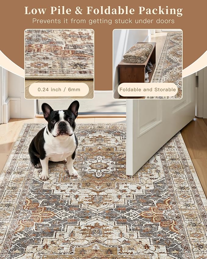 Madane 6x9 Area Rugs for Living Room, Stain Resistant Washable Rugs, Non-Slip Backing Area Rug, Vintage Home Decor Rug for Bedroom (Turmeric/Grey, 6'x9')