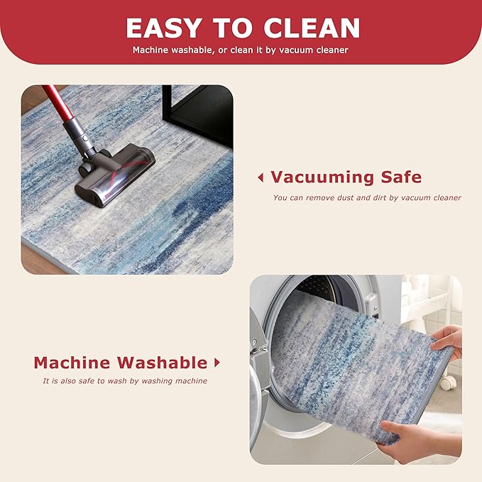 KOZYFLY Modern Abstract Washable Rug Runner 2.6x16 Hallway Rug Runner Non-Slip Soft Kitchen Runner Rugs, Blue/Grey/Beige Striped Carpet for Stair Entryway Bathroom Laundry Room Foyer