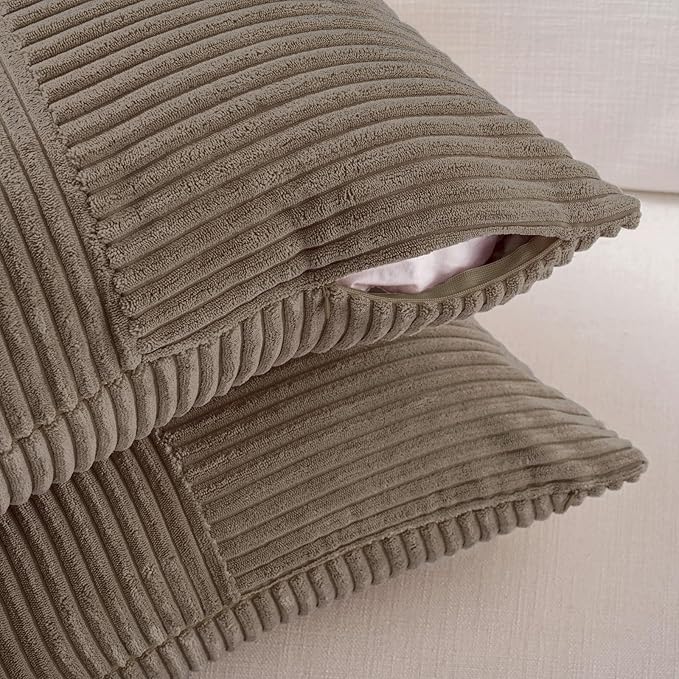 Fancy Homi Set of 2 Light Brown Lumbar Decorative Throw Pillow Covers 16x26 Inch for Living Room Bedroom Couch Bed Sofa, Soft Striped Corduroy Modern Rectangle Accent Cushion Case 65x40 cm