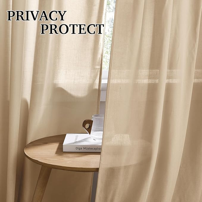 RYB HOME Camel Linen Sheer Curtains 95 inches Length, Aesthetic Light Filtering Airy Half Privacy Gauze Curtain Cortina for Home Office Farmhouse, W 52 x L 84, 2 Pieces