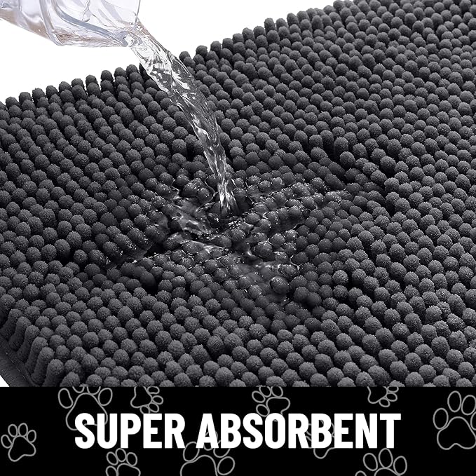 Smiry Dog Door Mat for Muddy Paws, Absorbent Dirt Trapper Non Slip Quick Dry Washable Chenille Mat for Mud Dogs, Entry Rug for Indoor and Outdoor (54x24 Inches, Dark Grey and White)