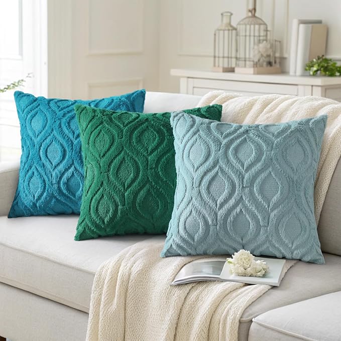 decorUhome Summer Throw Pillow Covers 16x16 Inch Set of 2, Soft Plush Faux Wool Aqua Solid Couch Pillow Covers, Accent Farmhouse Neutral Square Pillow Cases for Sofa Bed Living Room