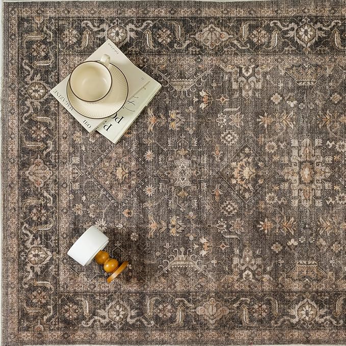 10x12 Washable Area Rug for Living Room Bedroom Vintage Brown Non Slip Carpet Traditional Retro Soft Low Pile Large Throw Rug for Dining Room Kitchen Office Indoor