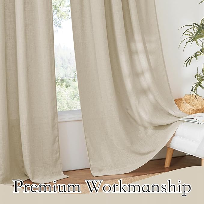 RYB HOME Extra Wide Sheer Curtains, Linen Texture Semitransparent Sheer Drapes Elegant Window Decoration for Bedroom Living Room Study Office, Beige, W 70 x L 63 inch Each, 2 Panels