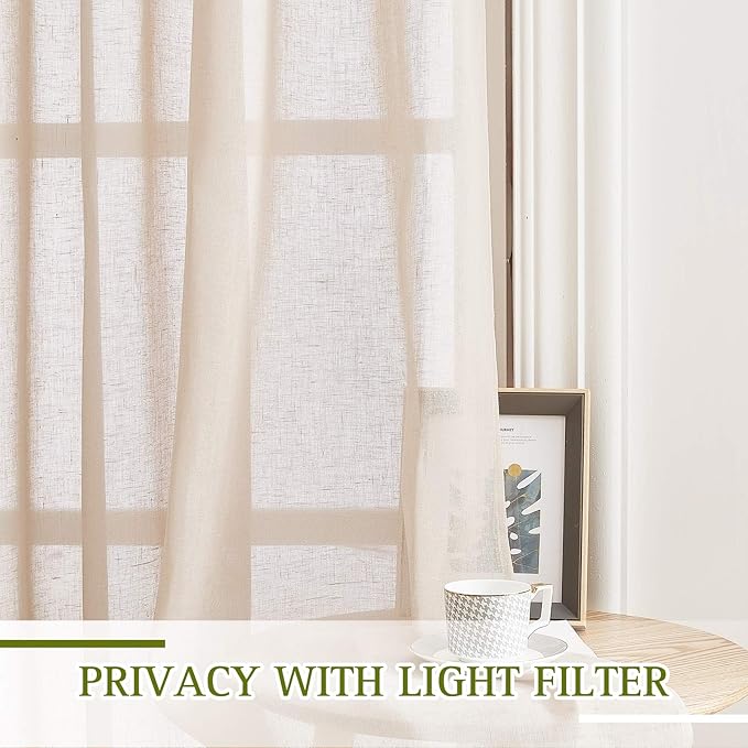 NICETOWN Linen Textured Sheer Faux Flax Window Curtains, 96" Long Drapes Sweep The Floor Decorative Keep Privacy Semi Sheer Panels for Living Room/Villa/Bedroom, 52" W, 2 Pieces, Beige