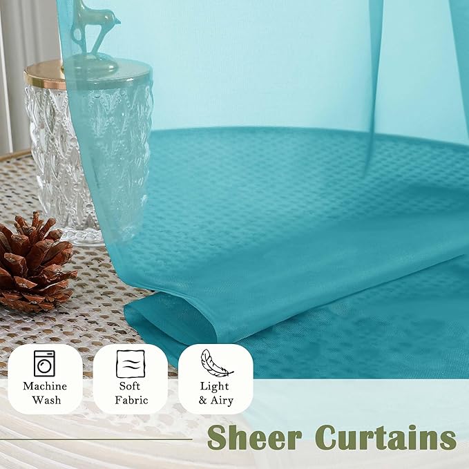 Lecloud Turquoise Sheer Curtains 63 Inch Length 2 Panels, Voile Light Filtering Living Room Curtains for Bedroom, Rod Pockets Solid Soft Drapes for Bathroom Home Office, Each Panel 59" W x 63" L