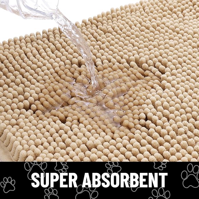 Smiry Dog Door Mat for Muddy Paws, Absorbent Dirt Trapper Non Slip Quick Dry Washable Chenille Mat for Mud Dogs, Entry Rug for Indoor and Outdoor (70x32 Inches, Beige and White)