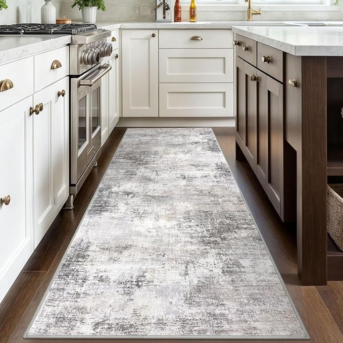 IOHOUZE Abstract Runner Rug 3x8 Ft Washable Runners for Hallways, Non Slip Kitchen Runner Printed Faux Wool Entryway Runner Indoor, Modern Abstract Floor Carpet for Hall Bedroom, Grey Beige