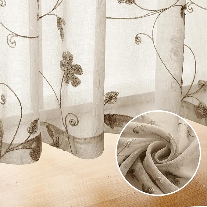 HOMEIDEAS Taupe Sheer Curtains 63 Inches Length 2 Panels Beige Embroidered Floral Pattern Semi Sheer Window Curtains for Bedroom Living Room