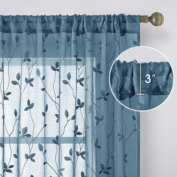 HOMEIDEAS Cyan Blue Sheer Curtains 52 X 96 Inches Length 2 Panels Embroidered Vine Floral Pattern Pocket Faux Linen Semi Sheer Voile Window Drapes for Bedroom Living Room