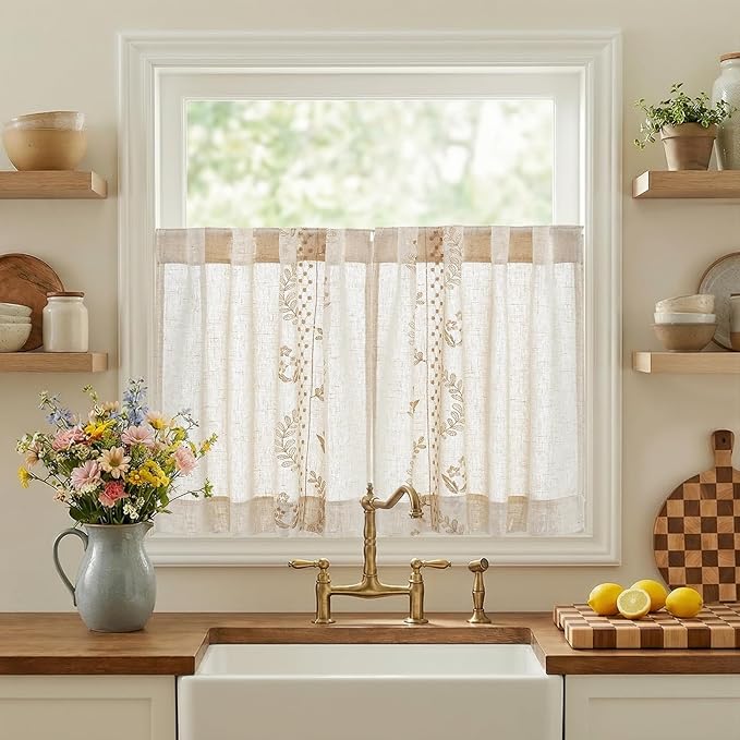 jinchan Belrose Linen Floral Kitchen Curtains 24 inch Length Embroidered Farmhouse Cafe Curtains for Living Room Bathroom Small Windows Curtain Set Sheer Light Filtering 2 Panels Beige