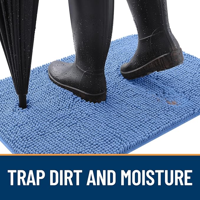 OLANLY Dog Door Mat for Muddy Paws 47x32, Absorbs Moisture and Dirt, Absorbent Non-Slip Washable Doormat, Quick Dry Chenille Mud Mat, Entry Indoor Entryway Carpet for Inside Floor, Cornflower Blue