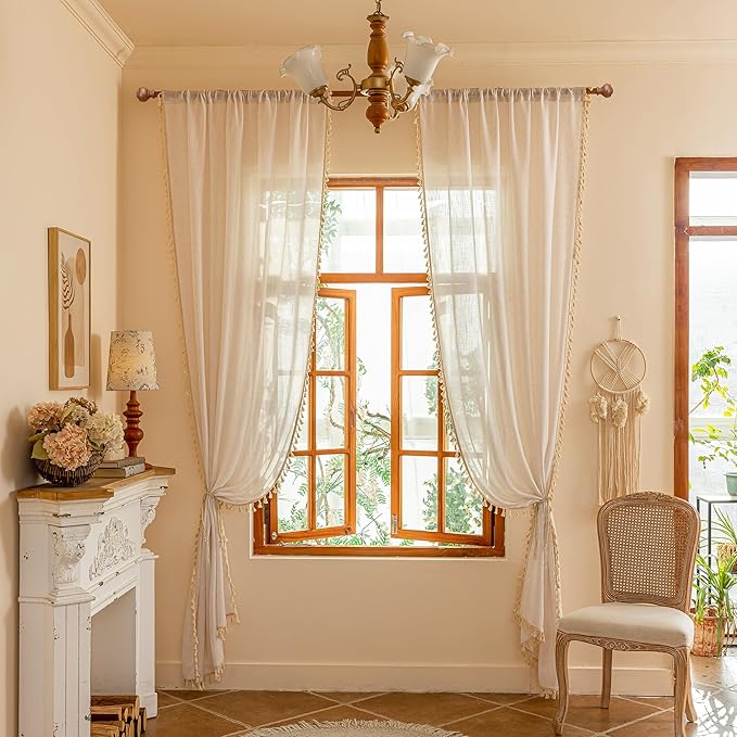 MYSKY HOME Natural Macrame Curtains 96 Inch Length for Living Room, Farmhouse Bohemian Vintage Back Tab，Light Filtering Privacy Protect Drapes for Bedroom, 50" W×96" L, Natural, 2 Panels