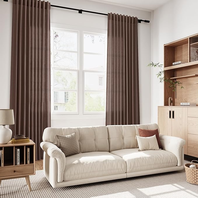 Cappuccino Linen Curtains 90 Inch Long 2 Panels Set for Bedroom Living Room, Soft Linen Textured Window Drapes Semi Sheer Light Filtering Rod Pocket Back Tab Morden Style 52x90