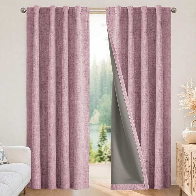 Joydeco Linen Blackout Curtains for Bedroom - 100% Light Blocking 1 Panels, Pink Drapes 100" W x 120" L, Thermal Insulated Room Darkening Curtains for Living Room, Rod Pocket & Back Tabs